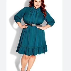 CITY CHIC Precious Tie Dress in Petrol‎ boho long sleeve ruffle prairie dress 20
